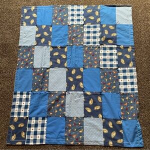 Blue Patchwork Lap Quilt Wall Hanging Handcrafted Machine Stitched 36 x 42 MINT